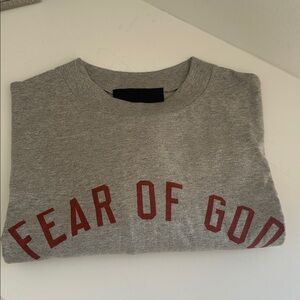 Fear of God Heather Gray Tee with Bold Red Text